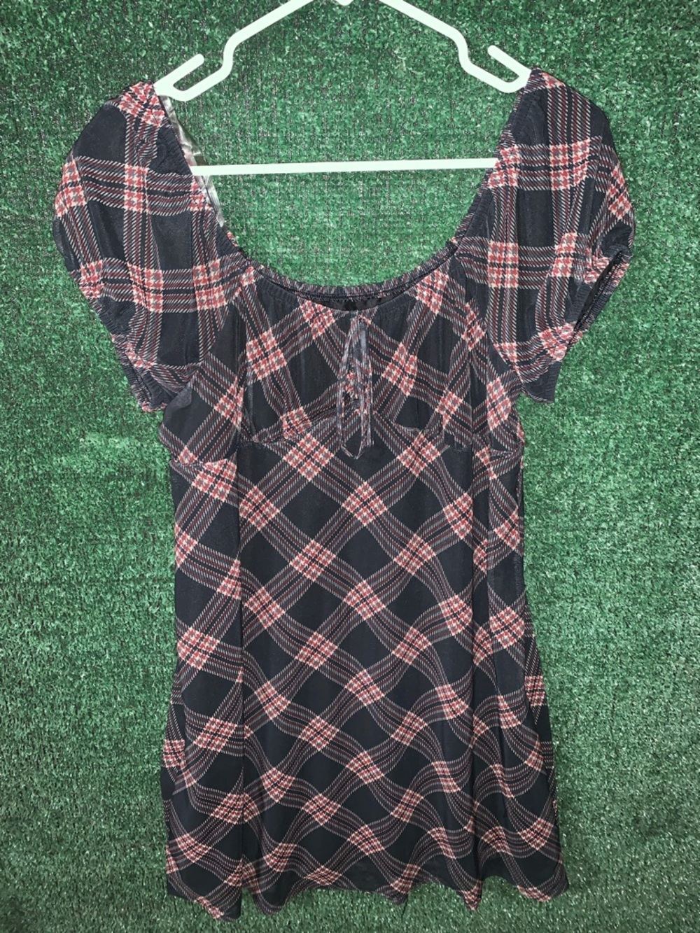 SO Black and Pink Plaid Short Sleeve Tunic